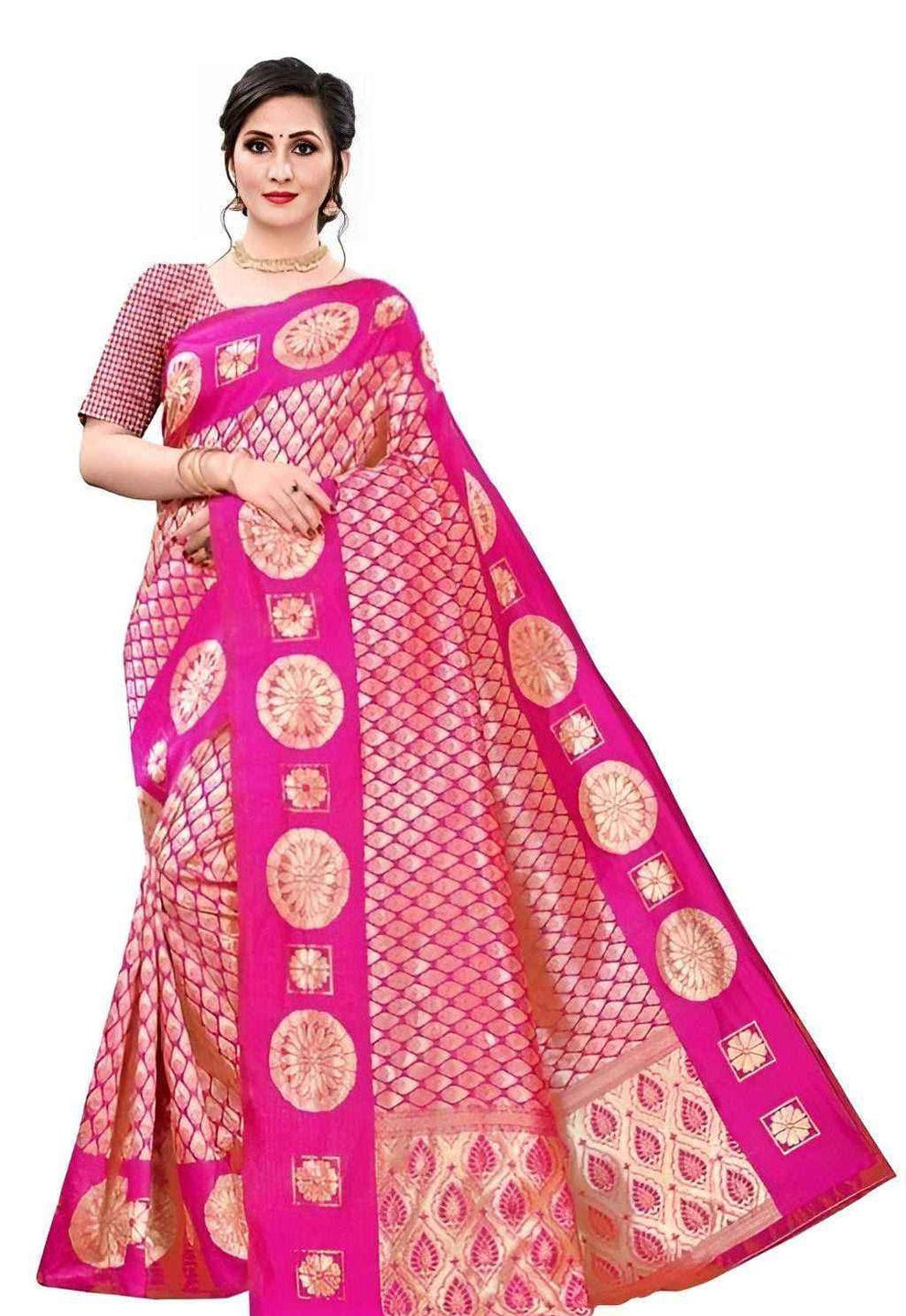 Jacquard Saree With Blouse For Women (Pink, 6.3M)