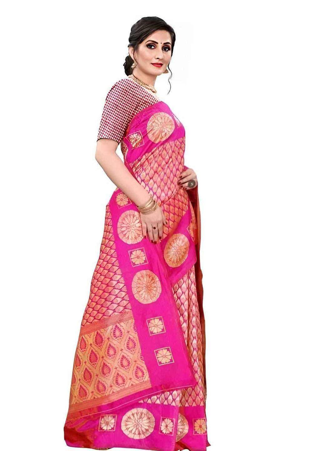 Jacquard Saree With Blouse For Women (Pink, 6.3M)