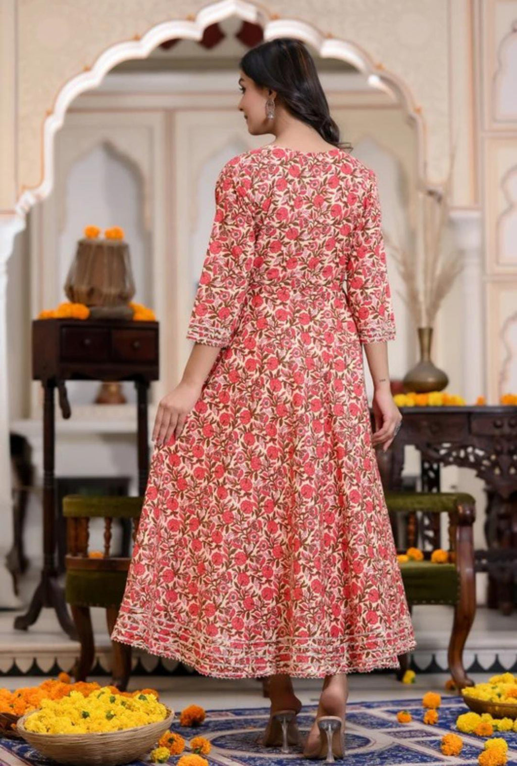 Cotton Printed Anarkali Kurti for Women (Red, M)