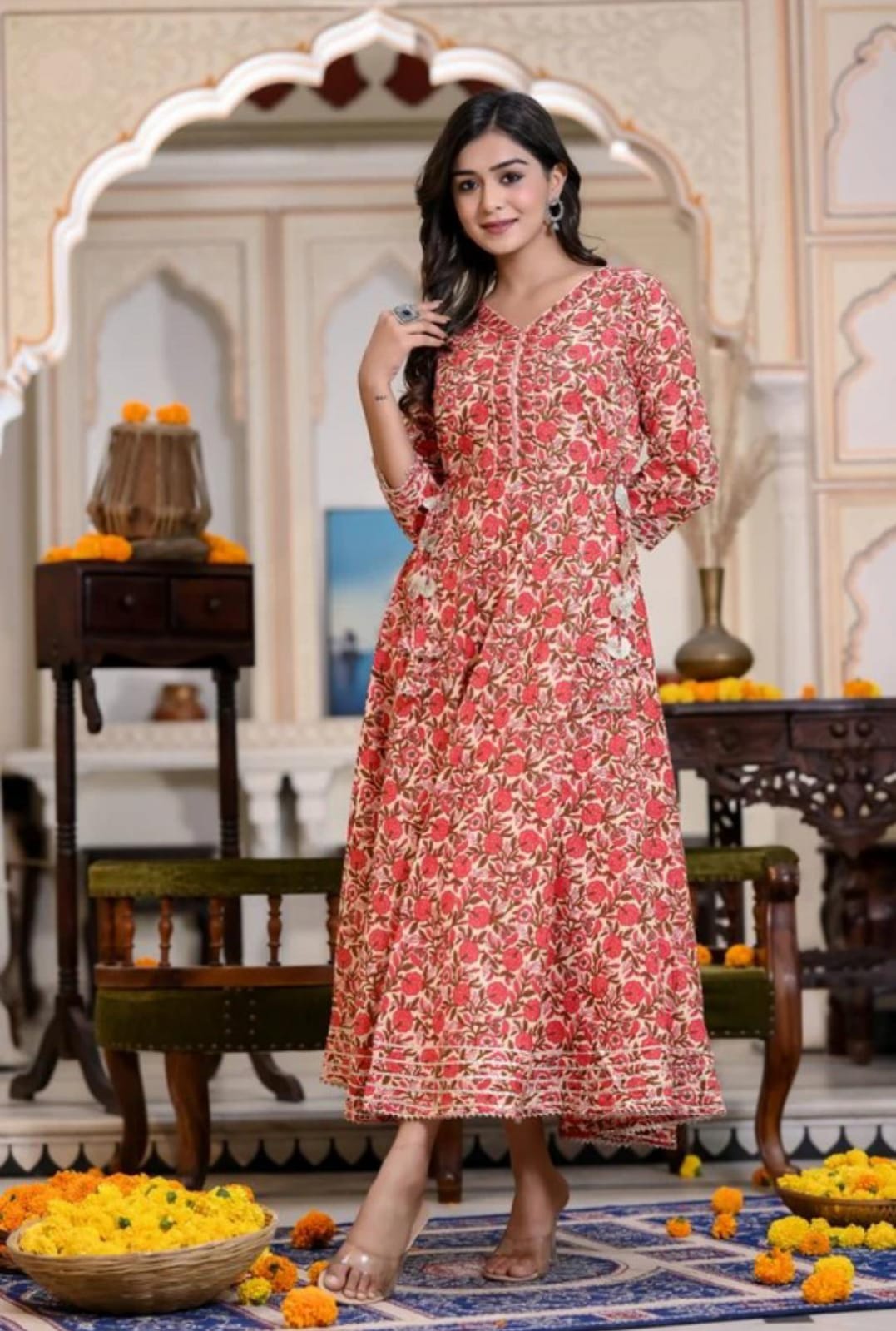 Cotton Printed Anarkali Kurti for Women (Red, M)