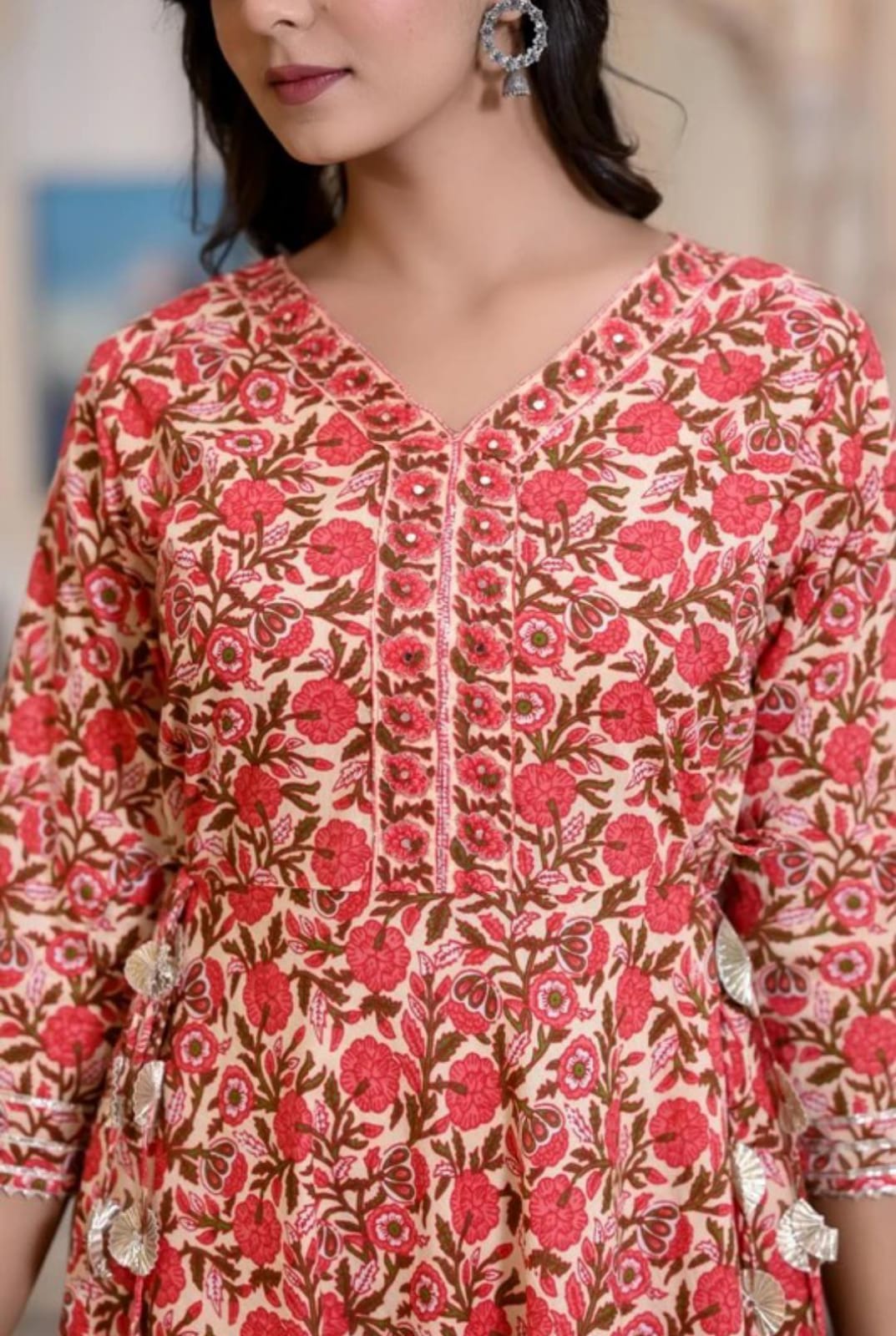 Cotton Printed Anarkali Kurti for Women (Red, M)
