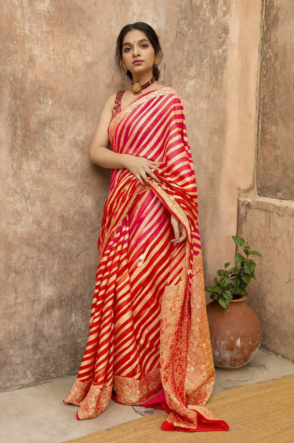 Jacquard Striped Saree for Women (Red, 6.3 m)
