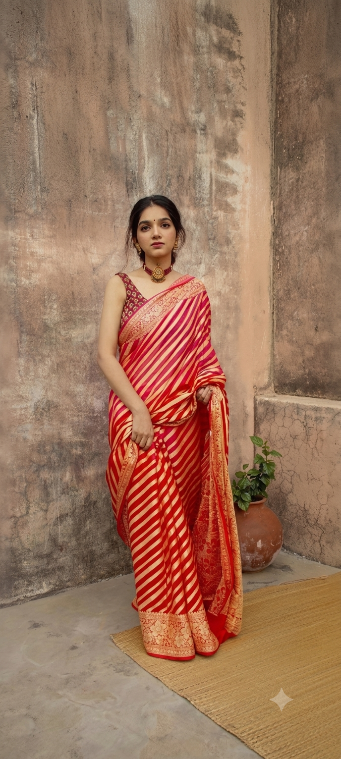 Jacquard Striped Saree for Women (Red, 6.3 m)
