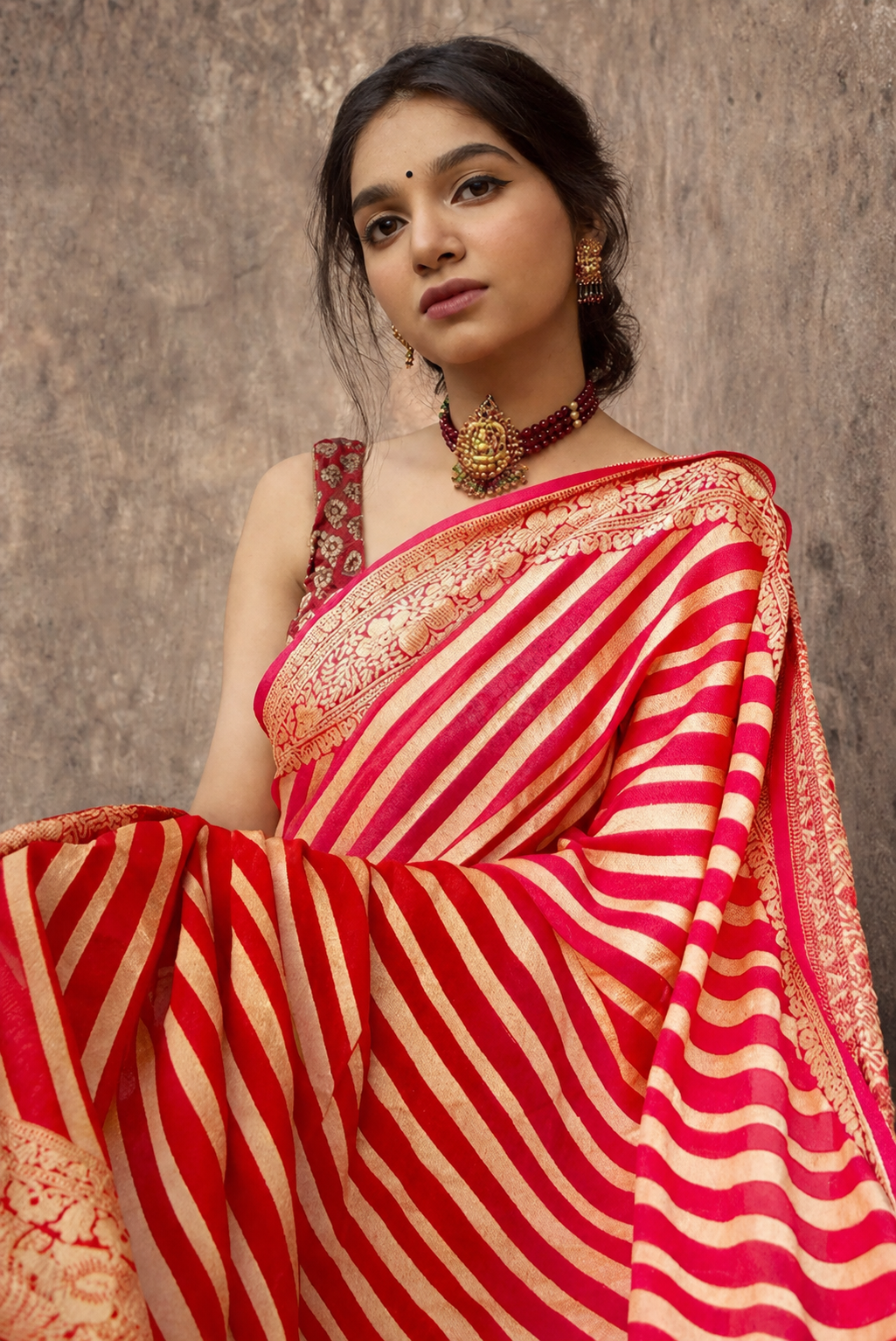 Jacquard Striped Saree for Women (Red, 6.3 m)