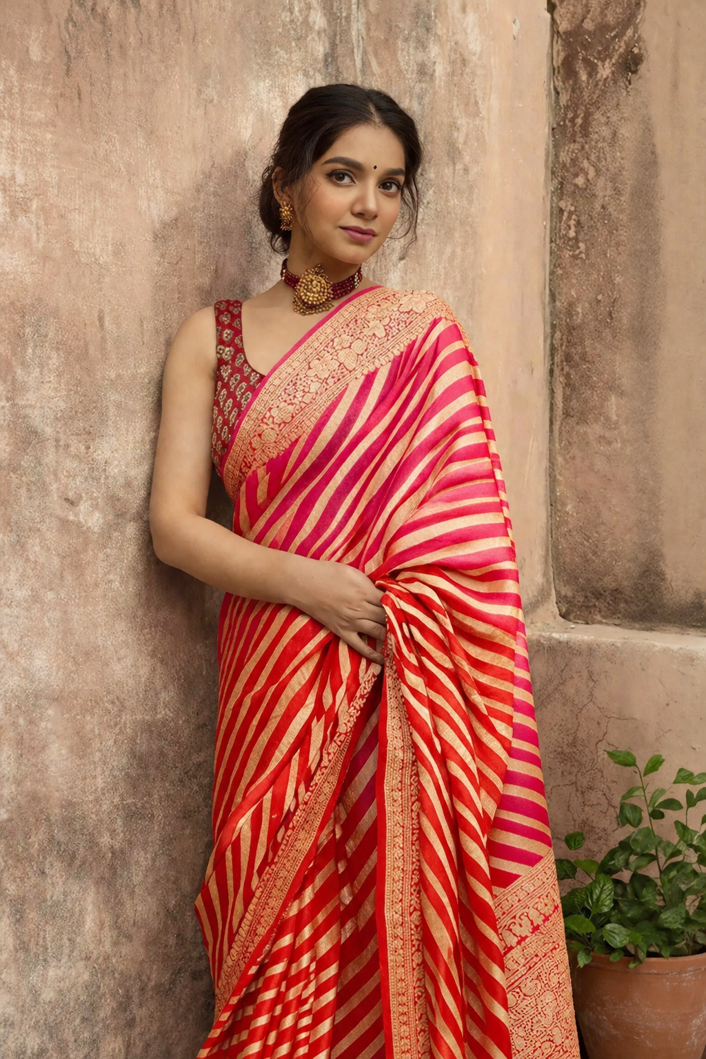 Jacquard Striped Saree for Women (Red, 6.3 m)
